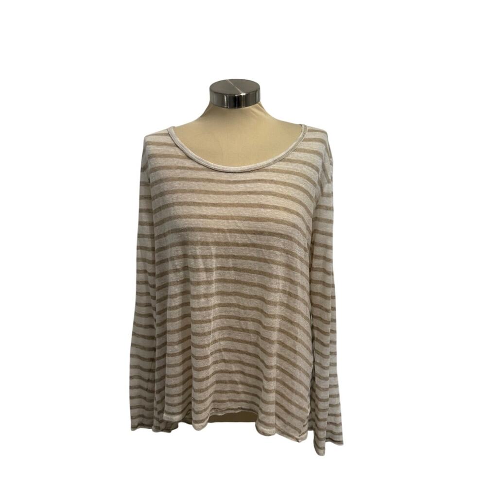 CP Shades Striped Linen Top L | Natural Long Sleeve Round Neck | Lagenlook Boho